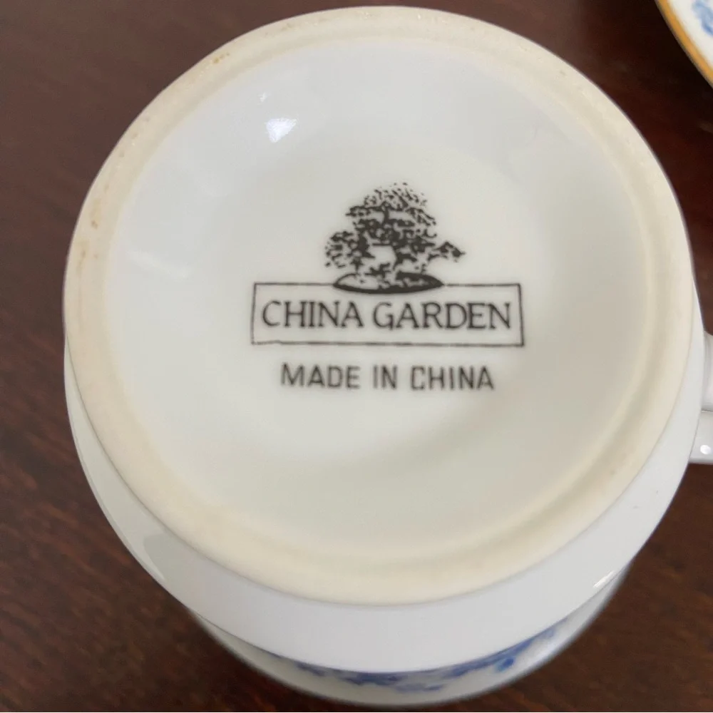 Vintage China Garden Blue Floral Cup, Saucer & Dessert Plate w/ Gold Trim